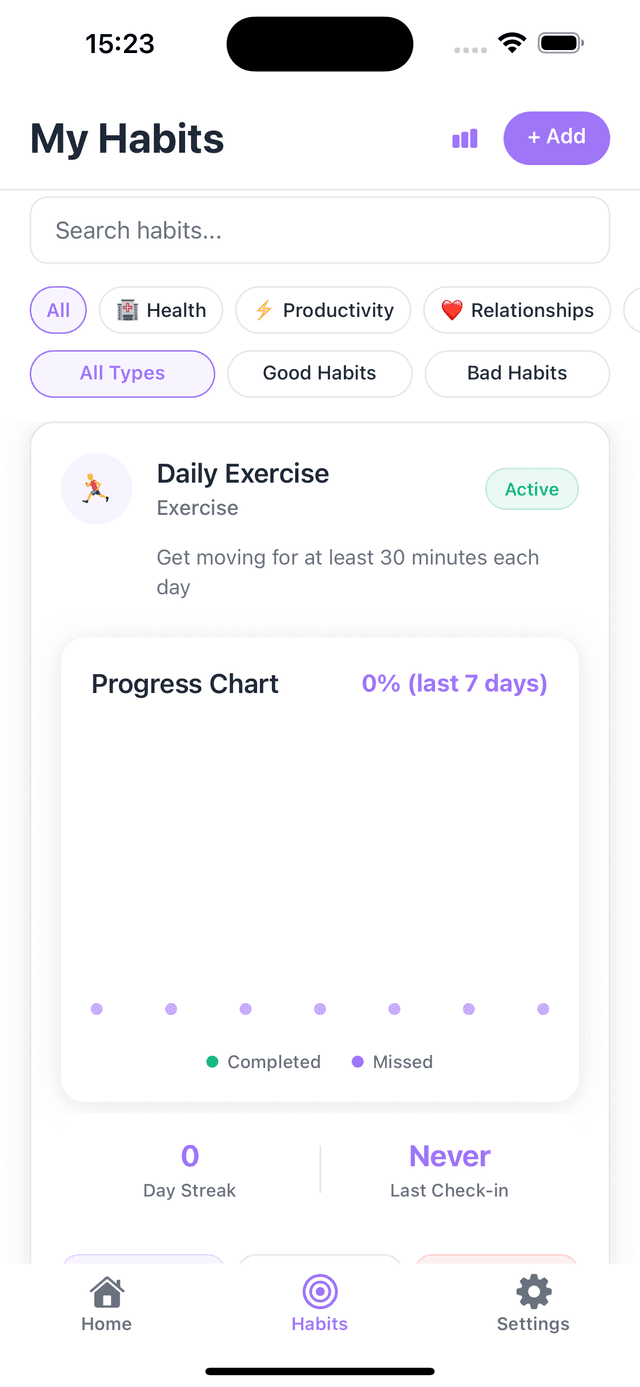 HabitForge Habits Tracking Screen